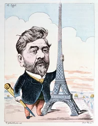 Gustave Eiffel (1832-1923) met zijn bekendste constructie, de Eiffeltoren, gegraveerd door Forest Fleury